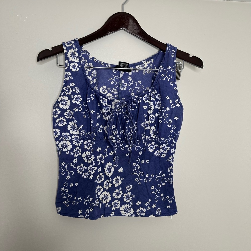 Passport Women's Floral Print Blue White Lace Up Tank Top Size M Y2K 90's